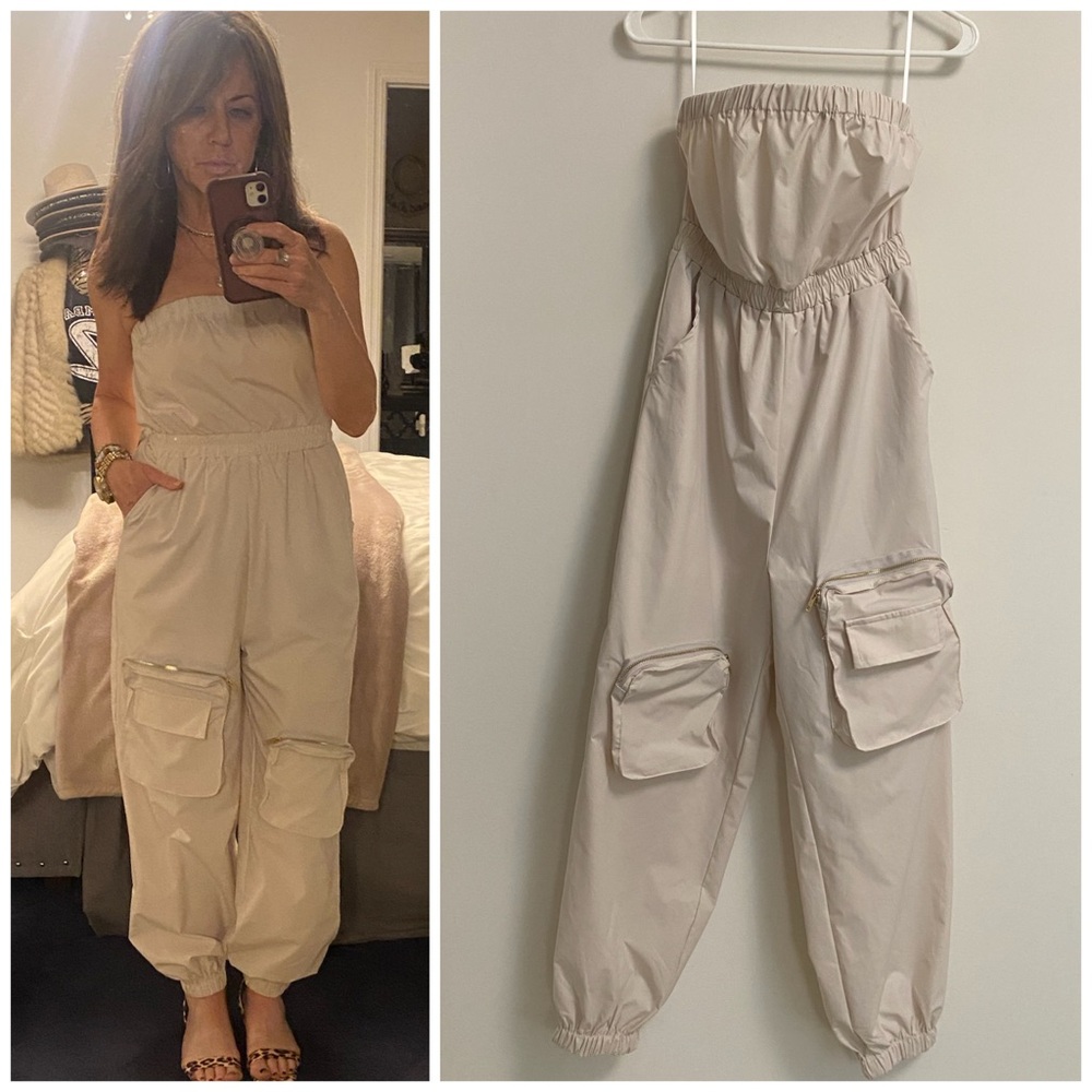 Strapless Cream Utility Jumpsuit with Relaxed Fit SMALL